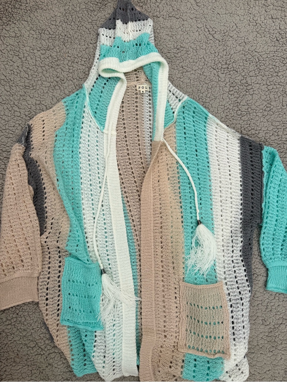 POL crochet cardigan/Hoodie in Teal, Cream & Beige Stripe